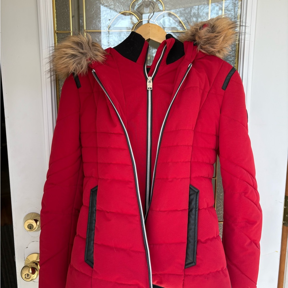Point Zero Red Puffer Jacket with Faux Fur Hood